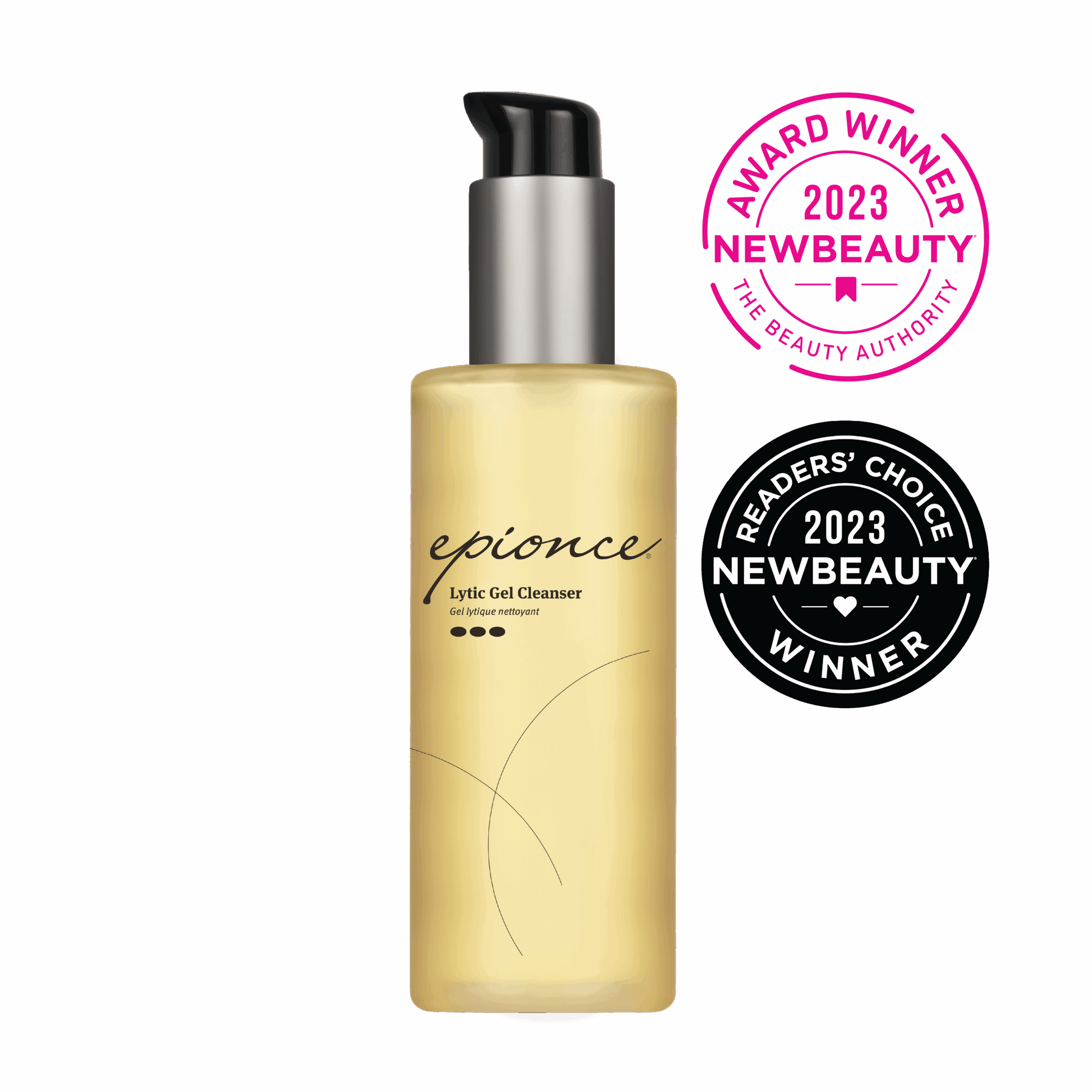 Epionce Lytic Gel Cleanser bottle with NewBeauty awards on a beige background
