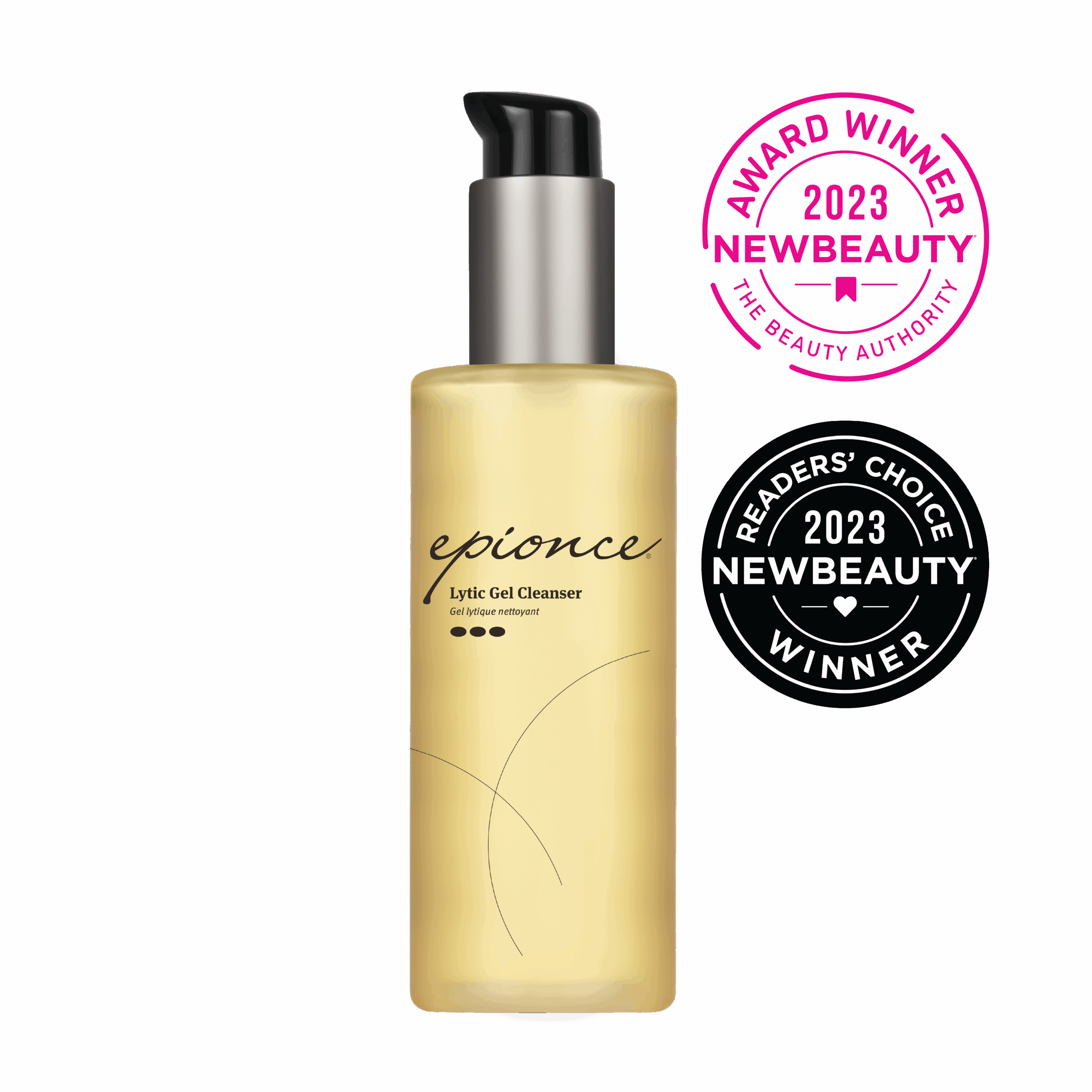 Epionce Lytic Gel Cleanser bottle with NewBeauty awards on a beige background