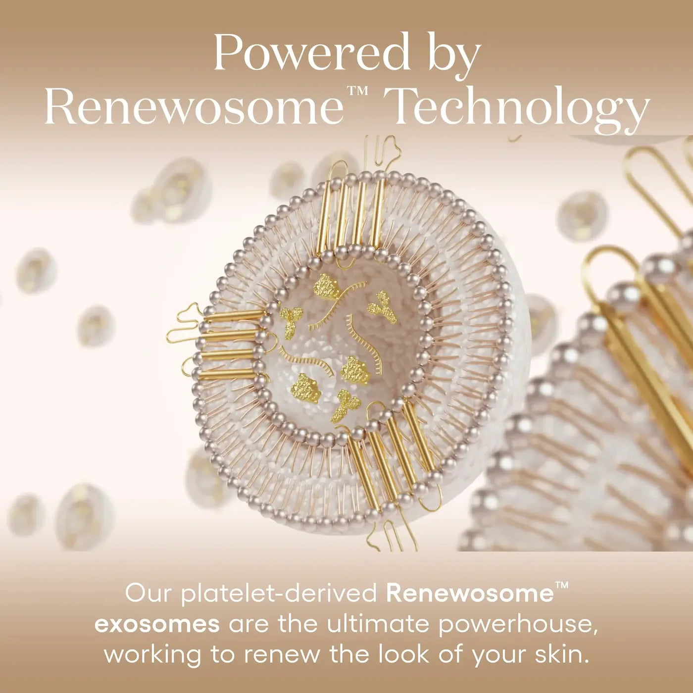 Cosmetic product with 'Renewosome' technology on a beige background